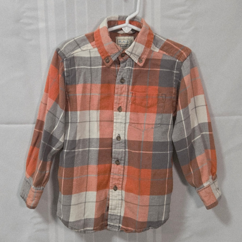 The Childrens Place Flannel Shirt Boys XS 4 Orange Grey Plaid Button Down Cotton